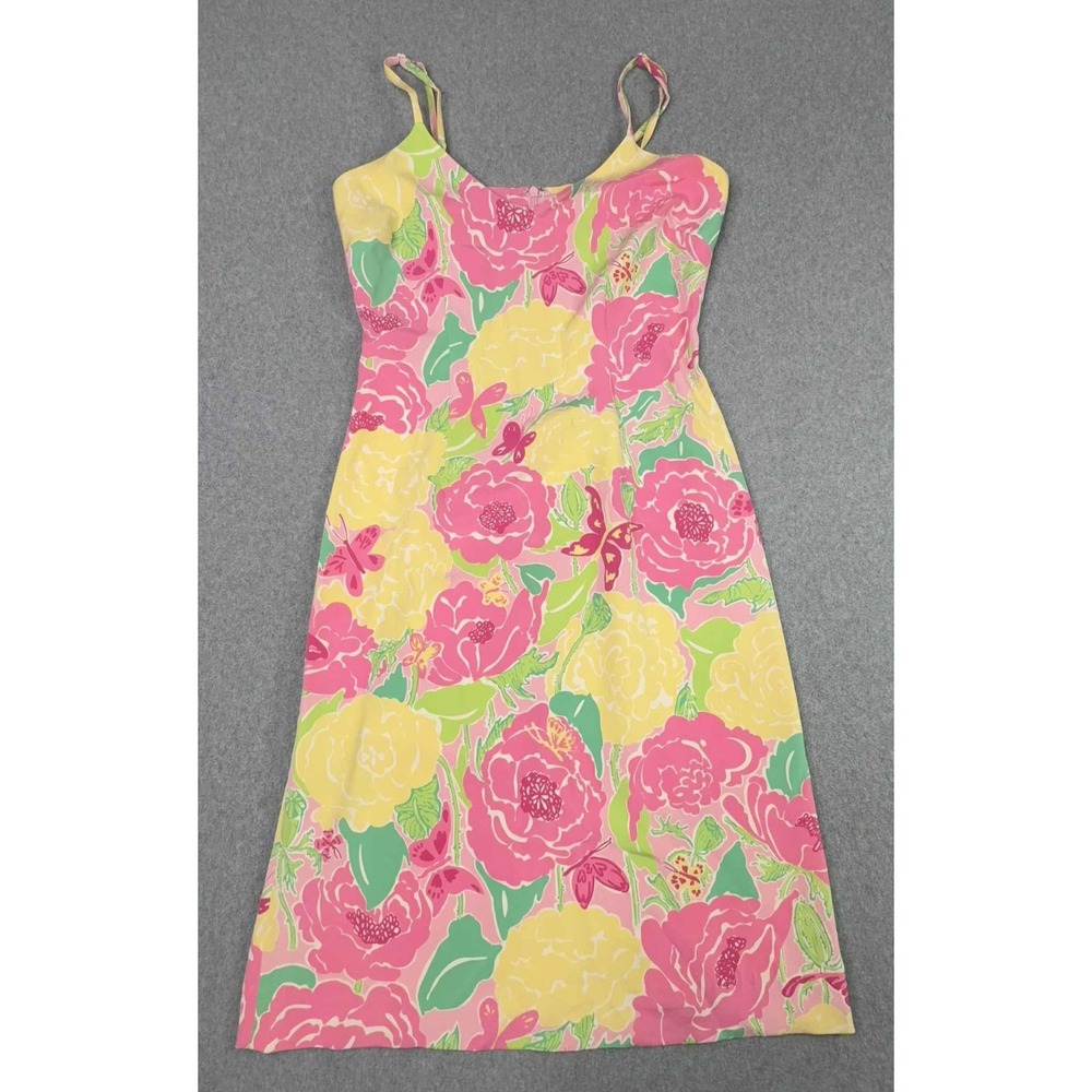 VTG Lilly Pulitzer Silk Shift Dress Women's 2 Pink Floral Butterfly Sleeveless
